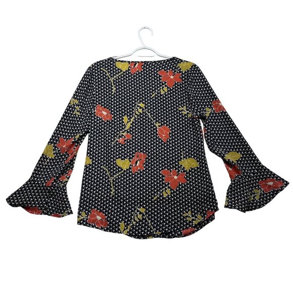 ModCloth Womens Floral Geometric Print Bell Sleeve Top Blouse Size M Retro Black - Picture 2 of 11